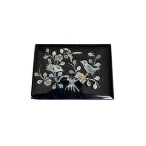 Vintage Black Lacquer Jewelry Box Mother of Pearl Inlay Birds Flowers Trinket